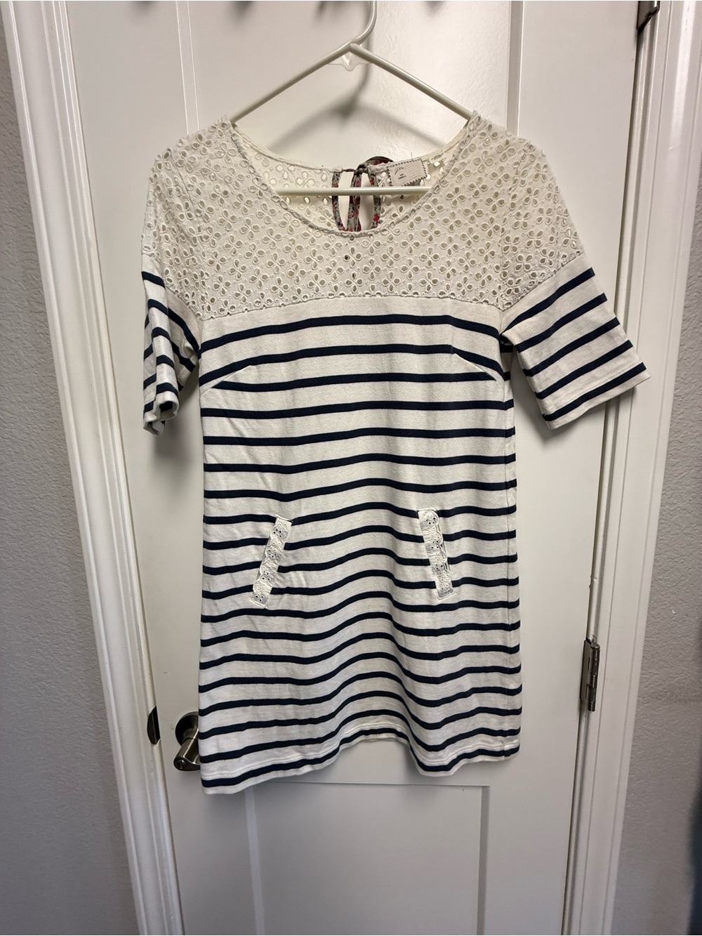 Anthropologie Lace Yoke Striped Tunic Top in White and Navy
